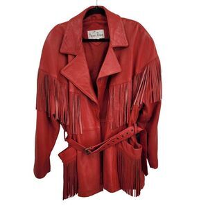 Vintage Leather Fringed Jacket Coat L Red‎ Oversized Belted Rodeo Cowgirl Boho